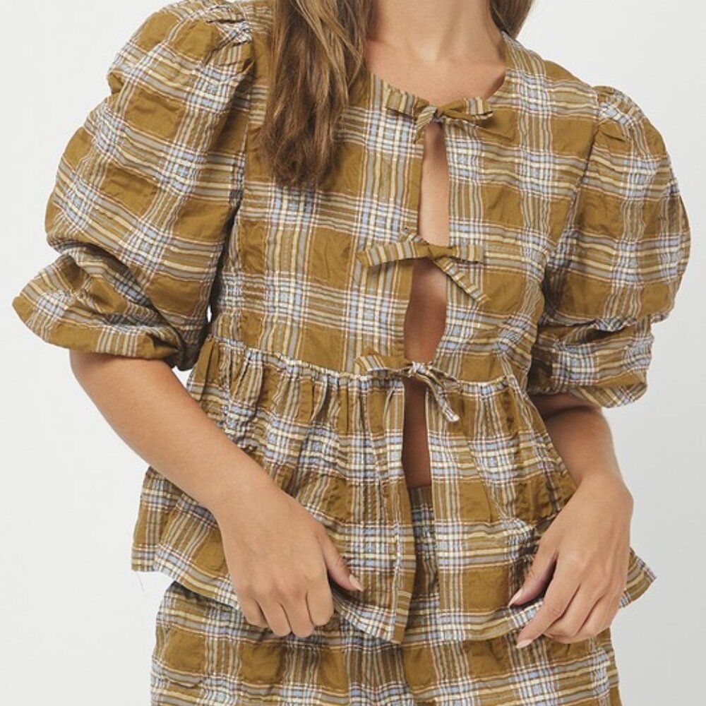 Plaid Puff Sleeve Top in Brown